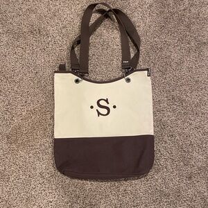 Brown and Cream Thirty-One Tote Bag with letter S